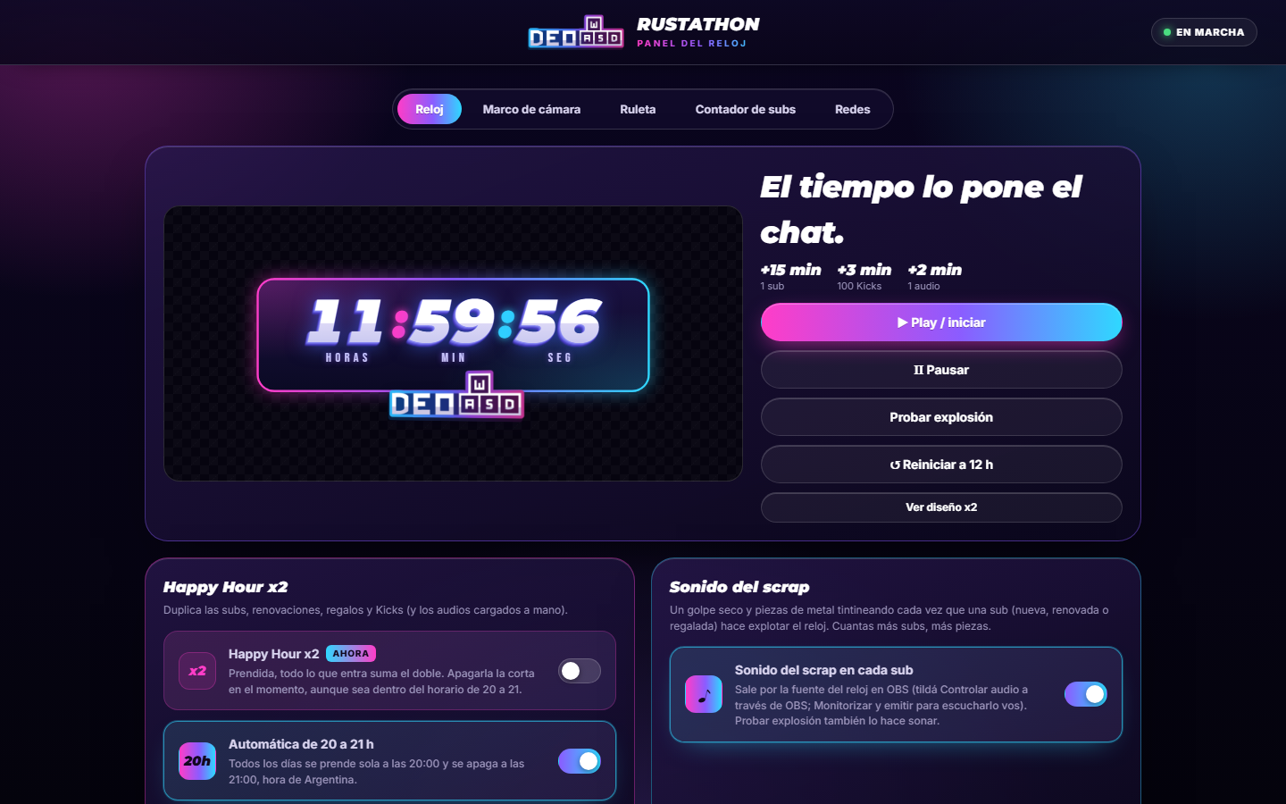 El panel de Deowasd en la computadora, con el reloj, los botones de tiempo y la vista previa.